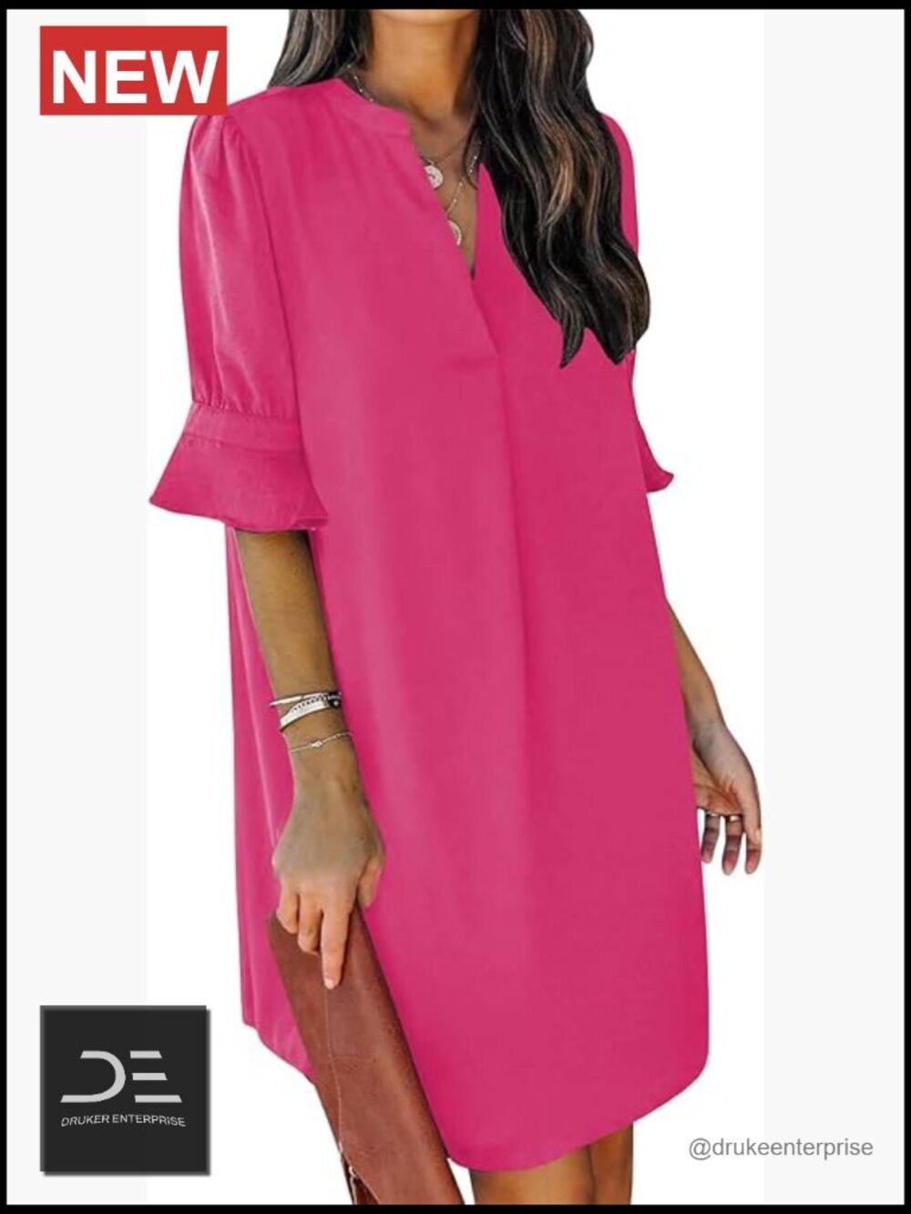 Womens V Neck Ruffle Short Sleeve Casual Shift Dress Polyester